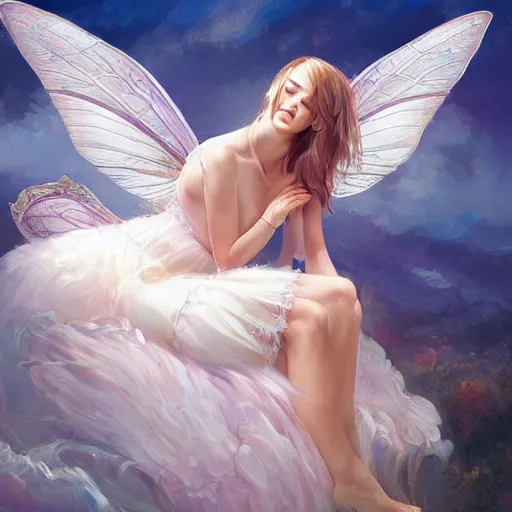 Prompt: a full body portrait a beautiful tooth fairy leaning over a bed, by Maxence and Ross Tran and Michael Whelan