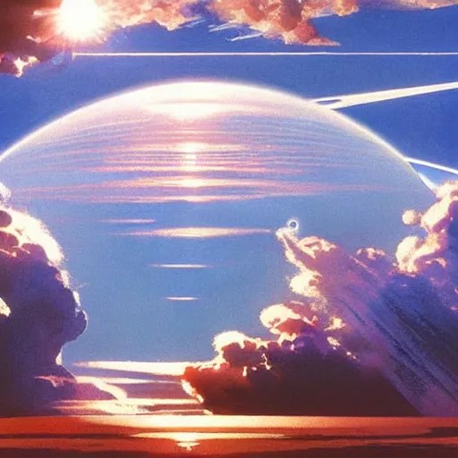 Image similar to Water world planet in the clouds, cinematic angle, cinematic lighting, blue sky, sun in the sky, by Syd Mead, John Harris, Federico Pelat