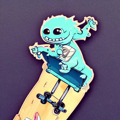 Prompt: cute monster skateboarding, sticker art, vector art, wlop, artgerm, deviantart cronobreaker, graffiti, skateboard art, beeple, @ cronobreak on twitter. com,