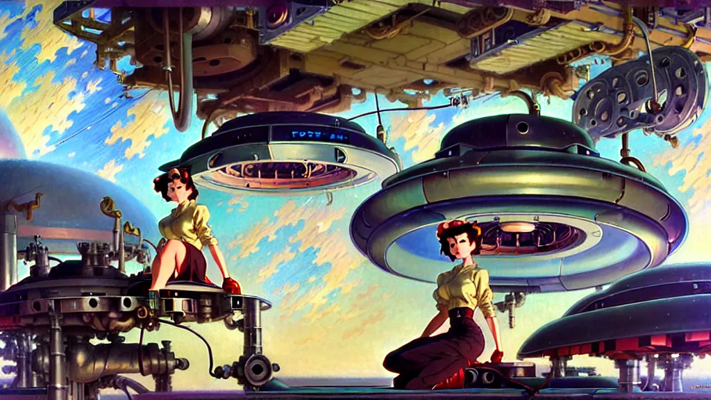 Image similar to a film still of a 1 9 5 0's mechanic anime girl with high detailed face sitting on top of flying ufo landing in hangar of giant ufo spaceship, trending on pixiv fanbox, painted by gaston bussiere, makoto shinkai, akihiko yoshida, gaston bussiere, craig mullins