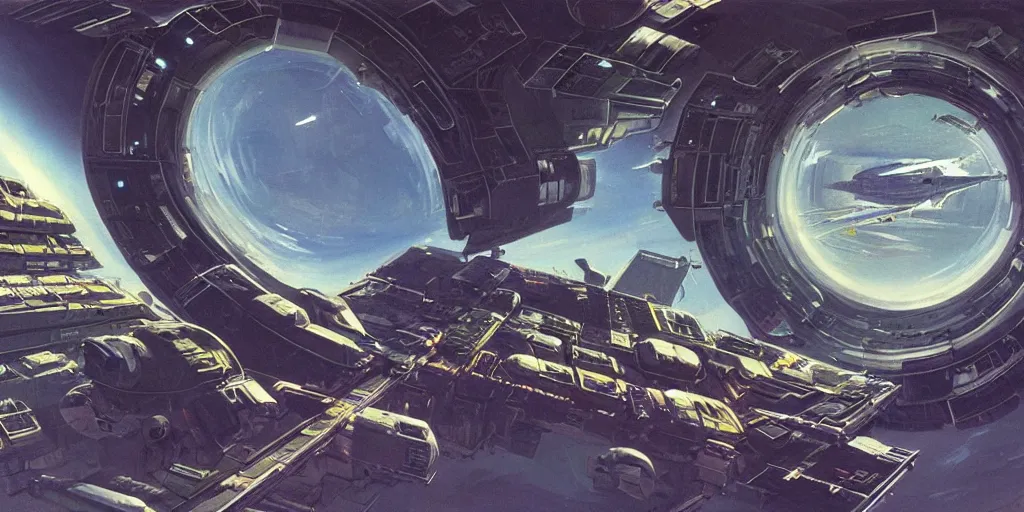 Prompt: highly detailed matte painting of a space station cargo bay by syd mead and john harris