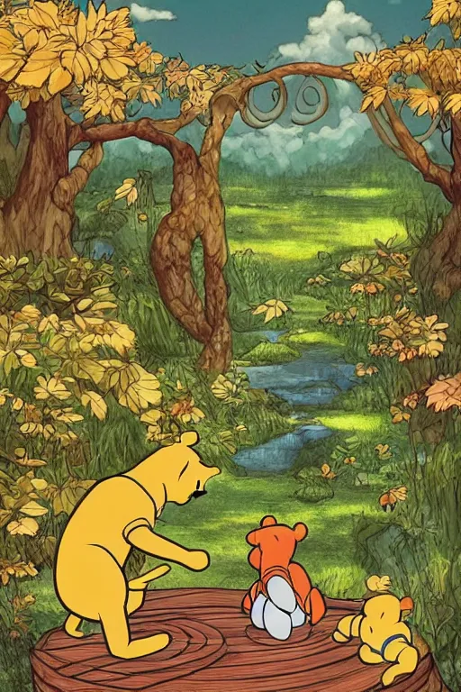 Image similar to “ a fusion of the many adventures of winnie the pooh background art and nausicaa of the valley of the wind background art ”