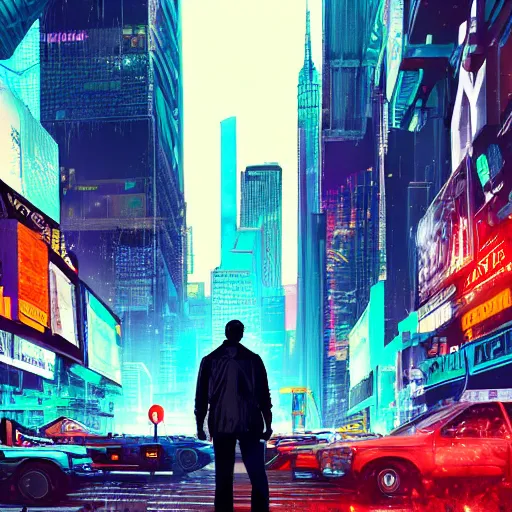 Prompt: An illustration of a cyberpunk world in New york, photorealistic, there's a man standing in front of new york, 8k, digital art