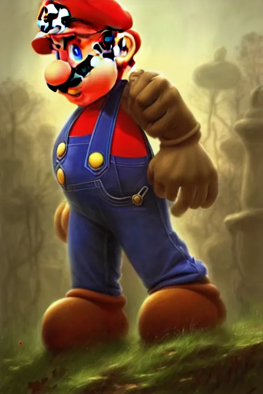 Prompt: mario after battle beaten and bruised, fantasy magic, light night, intricate, elegant, sharp focus, illustration, highly detailed, digital painting, concept art, matte, art by wlop and artgerm and ivan shishkin and andrey shishkin, masterpiece