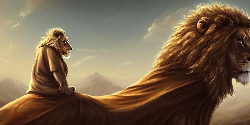 Image similar to hooded wise old man ( long white beard wearing a brown hooded tunic ) riding a lion, majestic, epic digital art, cinematic, trending on artstation, superb detail 8 k, wide - angle, masterpiece