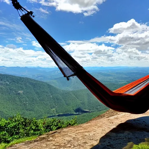 Prompt: relaxing in a hammock on top of a mountain, amazing views, award winning photography, highly detailed