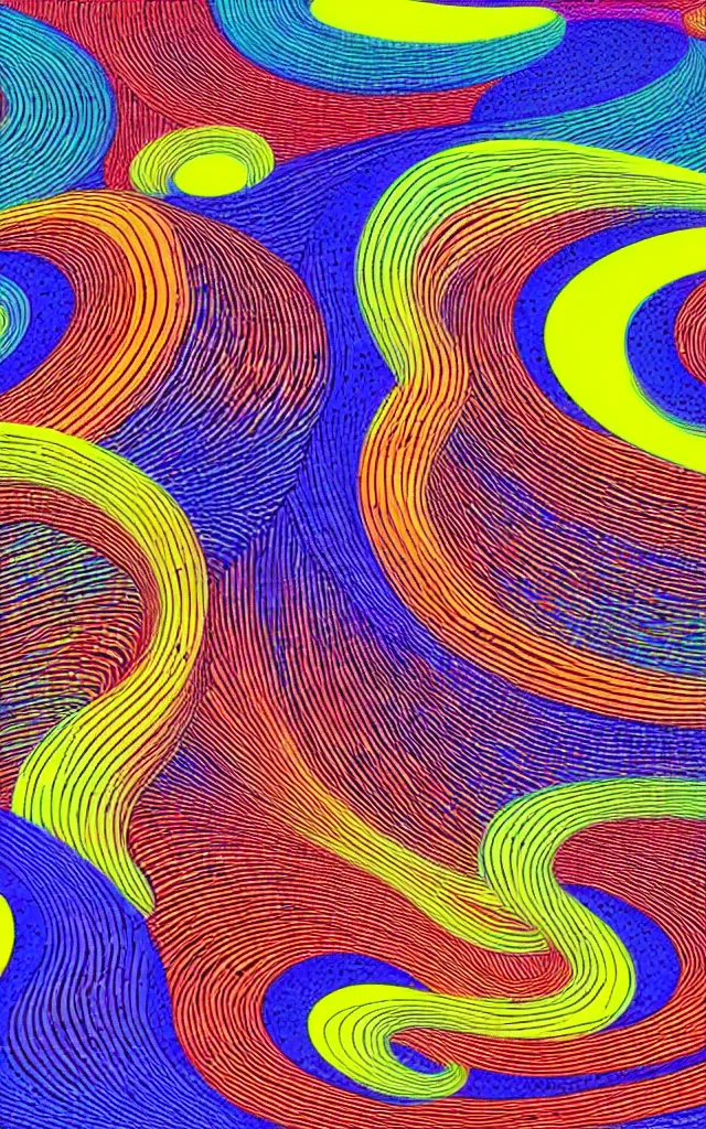 Prompt: wave, particle, synth, frequencies, pattern, oscillation. wave-particle duality. colorful, vibrant. by jean giraud.