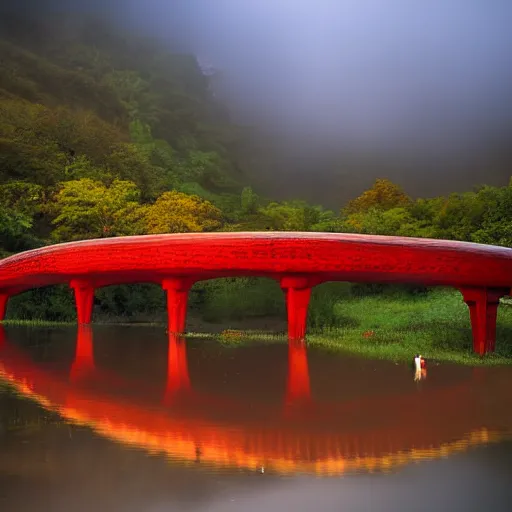 Image similar to in background arched bridge over river in distance, small red umbrella floats upside down in water in foreground, golden hour, moody, misty national geographic photo