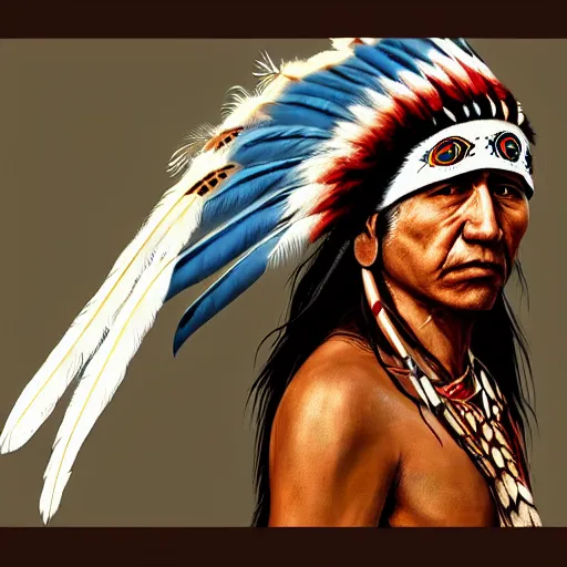 Prompt: painting portrait of a native american wearing a eagle feather headdress, artstation, ultra detailed, tinted brown