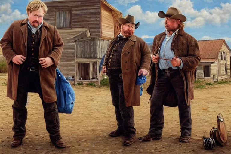 Prompt: detailed, realistic oil painting of phillip seymour hoffman with a pocket - watch and two bandits in a busy old west town