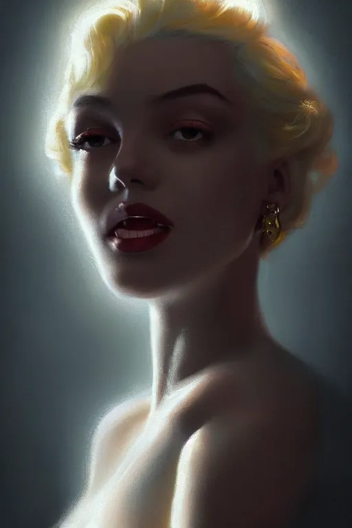 Image similar to portrait of marilyn, intricate, elegant, glowing lights, highly detailed, digital painting, artstation, sharp focus, illustration, fashion, art by wlop, mars ravelo and greg rutkowski