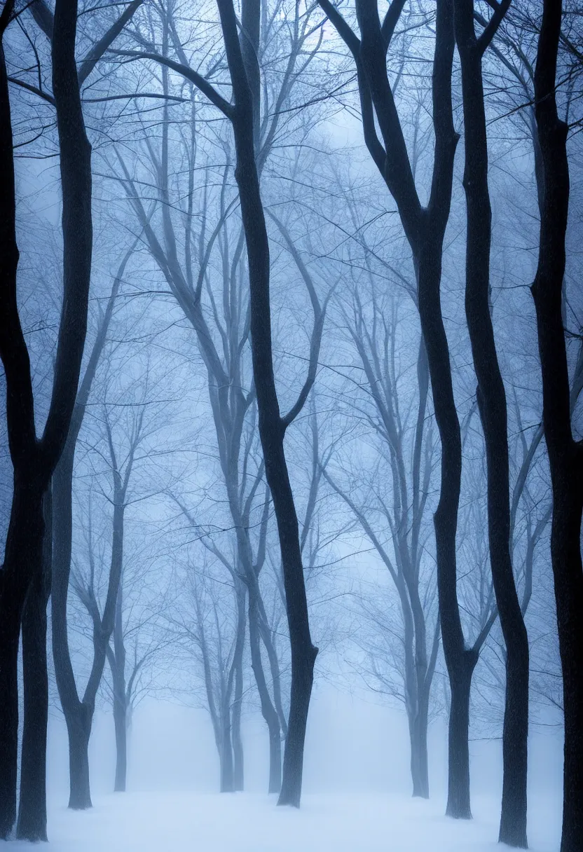 Image similar to eerie photo of a backlit path in the middle of a frozen winter morning spooky forest, treelined, fog, award winning photography, mystical, ultra high definition, ultra detailed,