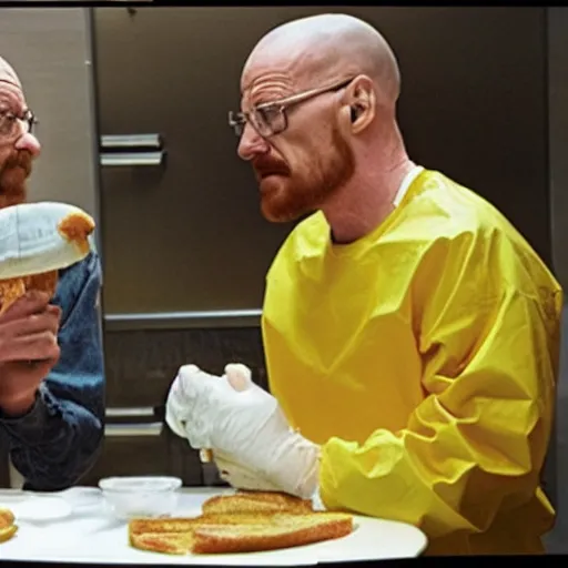 Image similar to walter white and jesse pinkman eating hamburger