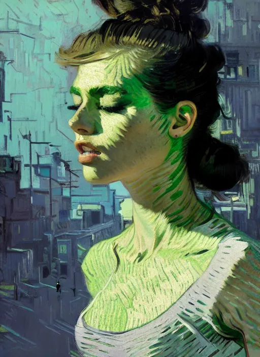 Image similar to portrait of a beautiful girl, eyes closed, open mouth, shades of green, beautiful face, rule of thirds, intricate outfit, spotlight, by greg rutkowski, by jeremy mann, by francoise nielly, by van gogh, digital painting