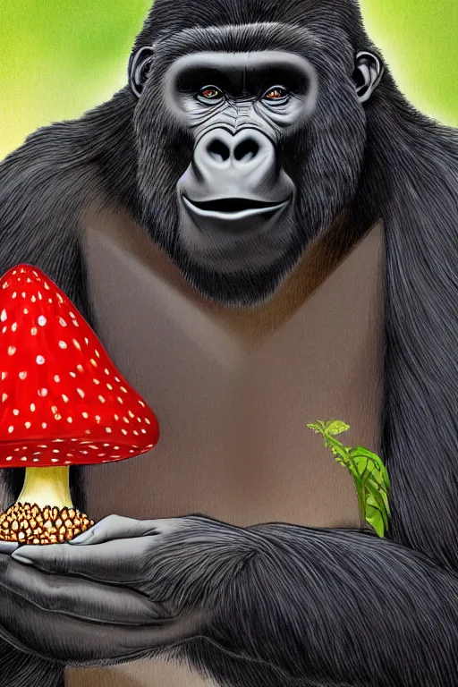 Image similar to gorilla holding an amanita muscaria, by alba ballesta gonzalez and moebius. 4 k wallpaper, digital flat 2 d, japan animation, comic book, illustration, cinematic lighting, smooth sharp focus very detailed, highly intricate