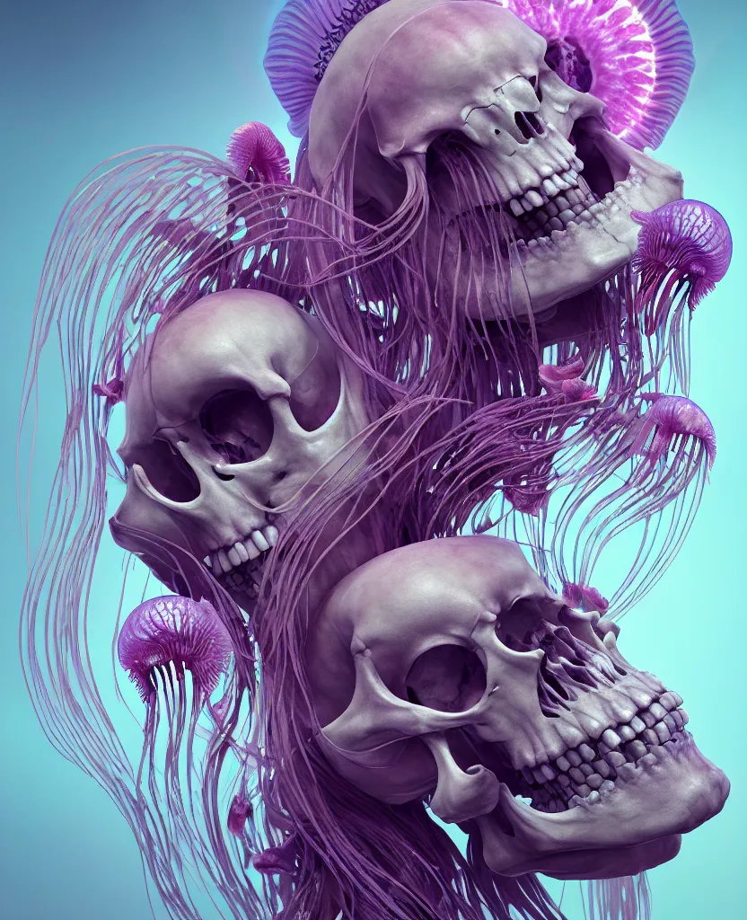 Image similar to goddess close - up portrait human skeleton, ram skull, jellyfish, orchid, betta fish, bioluminiscent, intricate artwork by tooth wu and wlop and beeple. octane render, trending on artstation, greg rutkowski very coherent symmetrical artwork. cinematic, hyper realism, high detail, octane render, 8 k