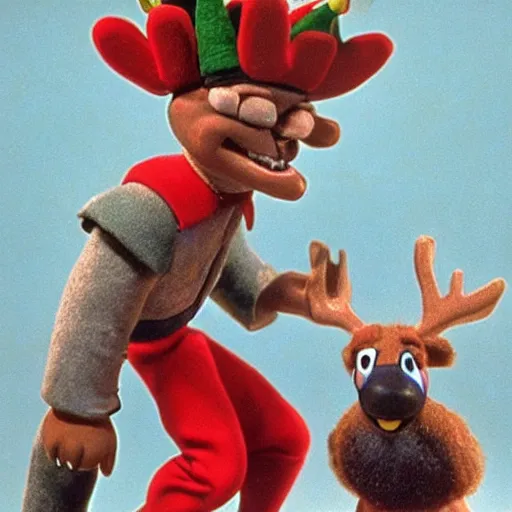 Image similar to Claymation art of Jack Black greeting Rudolph the Red-nosed Reindeer, 1964, color, extremely detailed