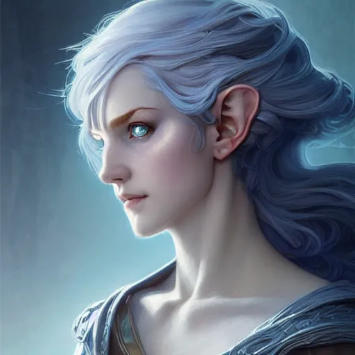 Image similar to Portrait of elvish female wizard, D&D, blue eyes, face, short silver hair, fantasy, intricate, elegant, highly detailed, digital painting, artstation, concept art, smooth, sharp focus, illustration, art by artgerm and greg rutkowski and alphonse mucha