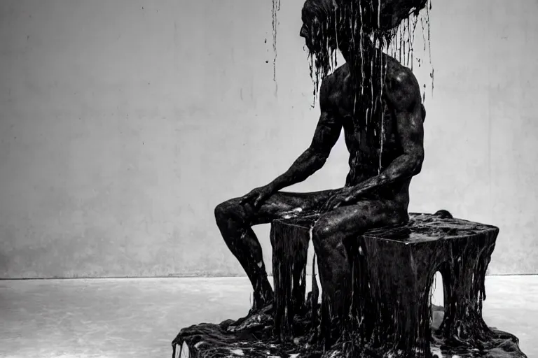 Image similar to a sculpture of a person sitting on a top of the chair, a white marble sculpture covered with floating water by nicola samori, behance, neo - expressionism, marble sculpture, apocalypse art, made of mist