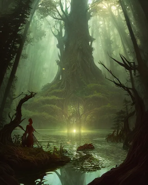 Image similar to a dark magical pond surrounded by a dense forest of enormous trees, deep focus, d & d, fantasy, intricate, elegant, highly detailed, digital painting, artstation, concept art, matte, sharp focus, illustration, hearthstone, art by greg rutkowski and alphonse mucha and andreas rocha