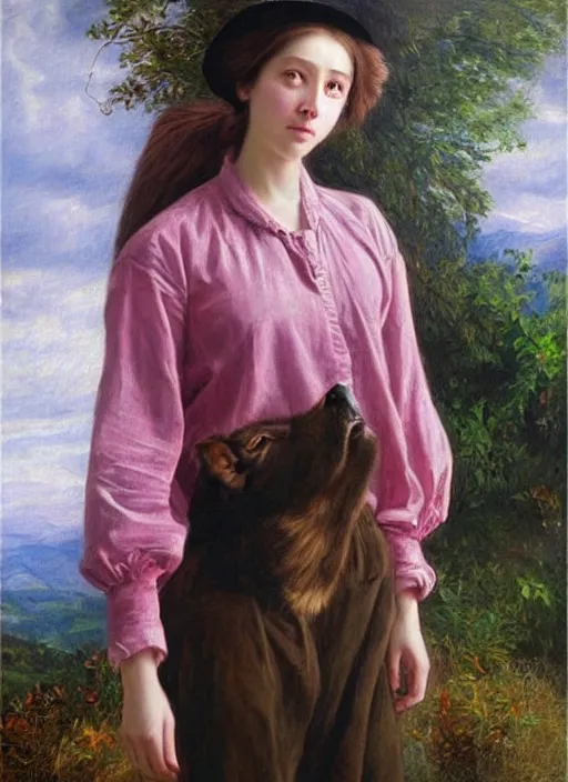 Prompt: full body oil painting of smoking wolf wearing pink shirt, in the style of sophie anderson dramatic painting, high detail, lights