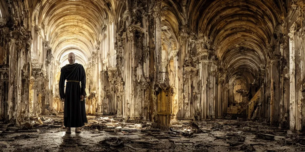 Prompt: gloomy photo of biopunk monk standing inside ruined catholic cathedral interiors with walls painted in khokhloma style, gold and black, wide angle, 24mm, 8k resolution, detailed, very beautiful, award winning, matte painting