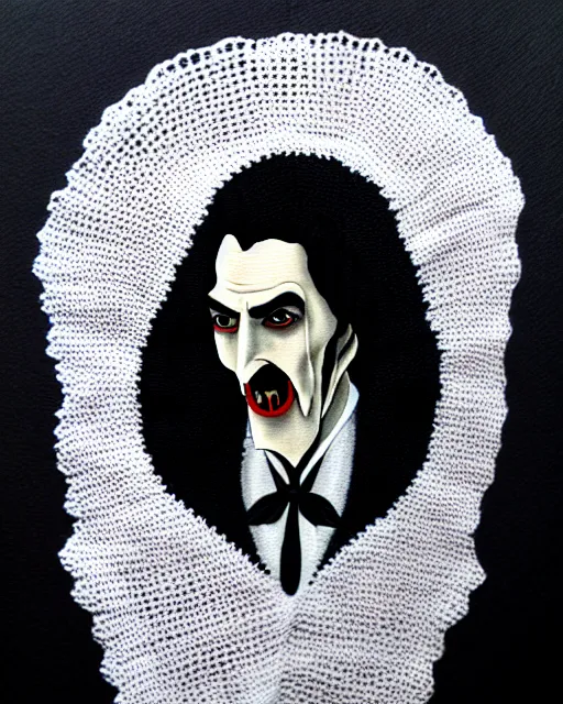 Prompt: dracula, dracula has crochet!! nose, dark atmosphere, black and white, detailed! painting