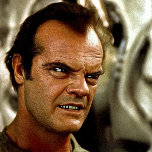 Image similar to jack nicholson in alien, hyperrealistic movie still