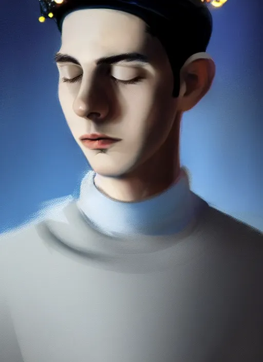 Image similar to portrait of teenage jughead jones wearing a light grey crown, crown, blue turtleneck, 1 9 5 0 s, closed eyes, photorealistic, black hair, glowing lighting, intricate, elegant, glowing lights, highly detailed, digital painting, artstation, concept art, smooth, sharp focus, illustration, art by wlop, mars ravelo and greg rutkowski