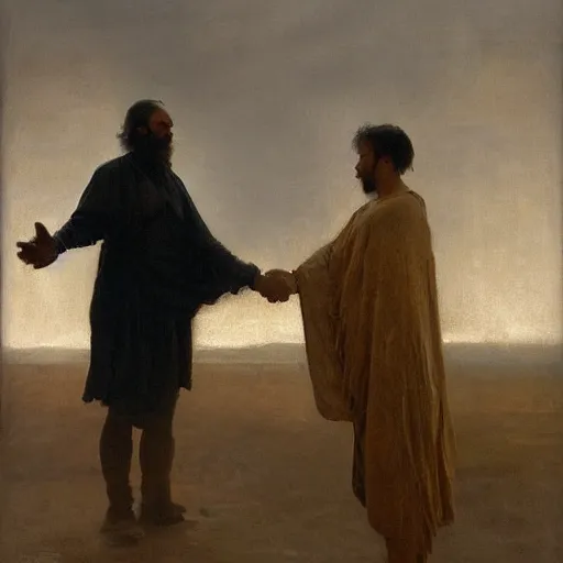 Image similar to A portrait of God and Death shaking hands, vertical symmetry, wide shot, photorealistic, beautiful moody artwork by Ilya Repin and Asher Duran