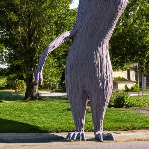 Image similar to tall monster with elongated limbs standing in an urban cul de sac neighborhood, realistic lighting, ultra hd 4 k