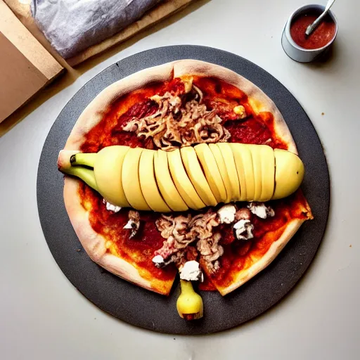 Image similar to a photo a whole unpeeled banana on top of a pizza, food photo, professional food photo, iphone, whole banana 4 k