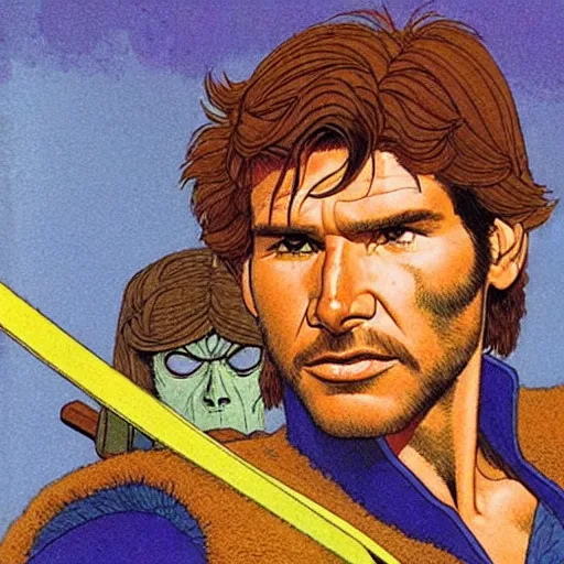 Image similar to a realistic, very beautiful and atmospheric portrait of young harrison ford as he - man character warrior wizard, prince of the universe, looking at the camera with an intelligent gaze by rebecca guay, michael kaluta, charles vess and jean moebius giraud