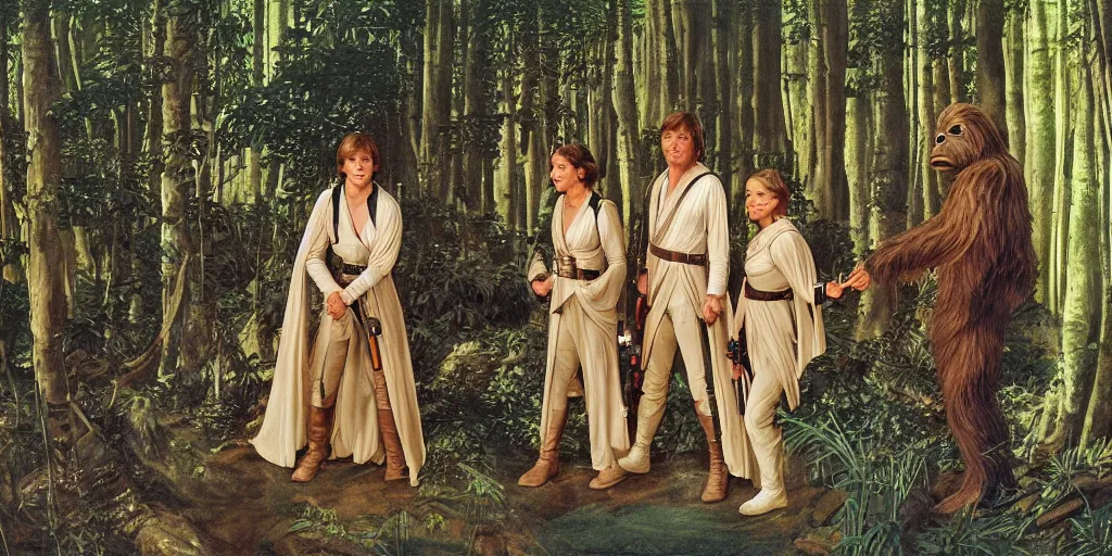 Prompt: luke skywalker, princess leia and han solo meet the ewoks in the forest of endor, in return of the jedi, a masterful painting by sandro botticelli, 4 k