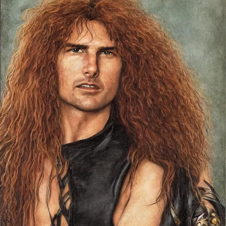 Image similar to Pre-Raphaelite portrait of Tom Cruise as the leader of a cult 1980s heavy metal band, with very long blond hair and grey eyes