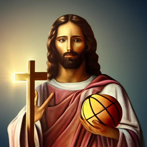 Image similar to jesus holding a cross shaped basketball