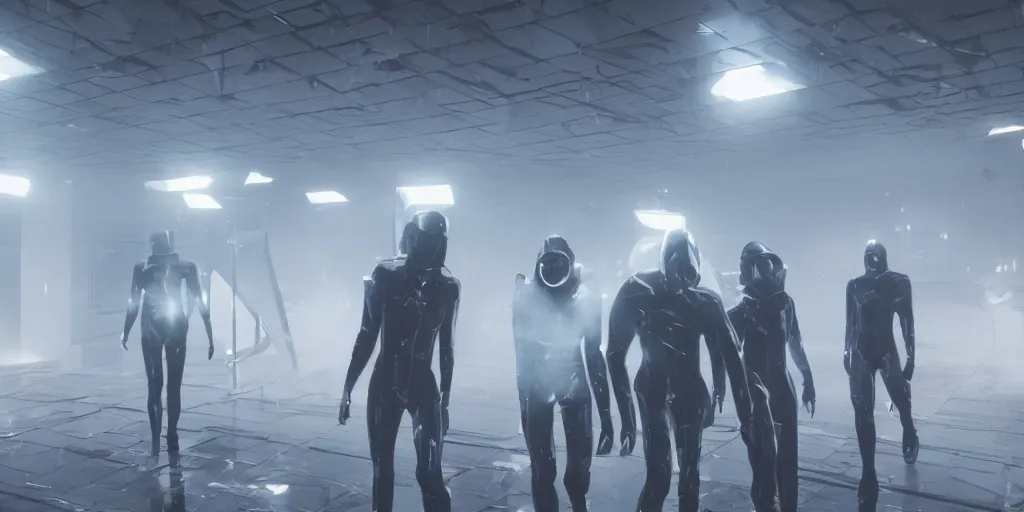 Image similar to sci - fi squad in wet cloaks, infiltrating on the ceiling at midnight storm, lightning, unreal engine 5