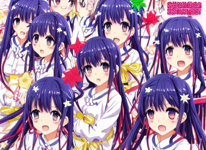 Image similar to moe tapestries goods ; weekly shonen jump issue 1 4, cover, 2 0 0 0 clannad shuffle toheart event'anime pattern of illustration japanese very very beautiful cute girls doing cute things trending on artstation pixiv makoto shinkai smiling super detailed eyes eyebrowless symmetry face visual novel hairpin star