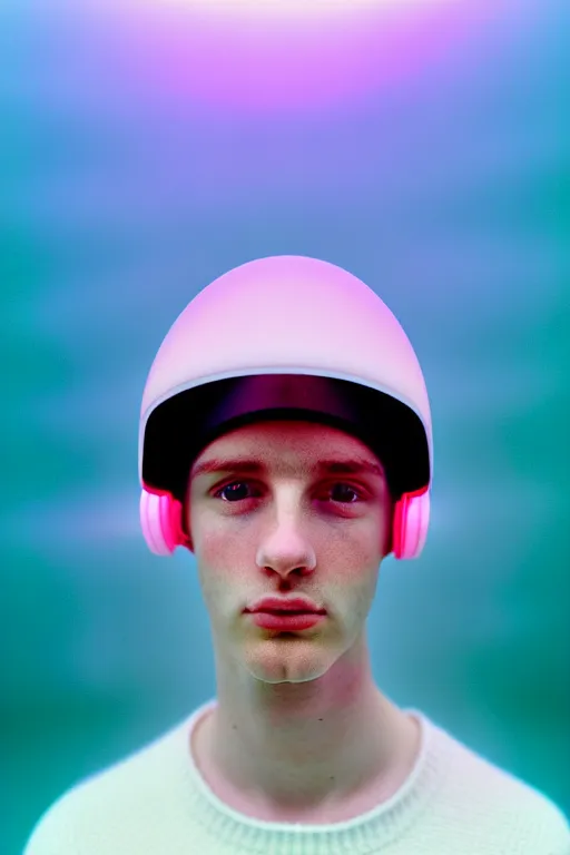 Image similar to high quality pastel coloured film mid angle portrait photograph of a beautiful young 2 0 year old male, soft features, short hair, perspex space visor and oversized inflated clothing!!!! icelandic black! rock pool environment. atmospheric three point light. photographic. art directed. ( pastel colours ). volumetric. clearcoat. waves. 8 k. filmic.