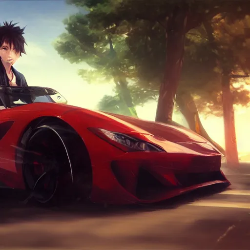 Image similar to a young anime man driving a sports car, style game square enix life, trending on artstation, painted by greg rutkowski, render naughty dog, octane render, detailed