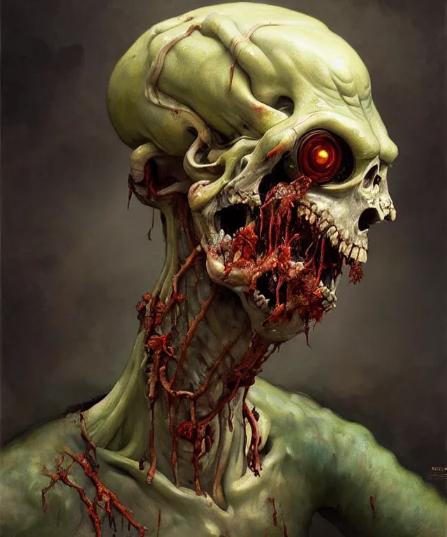 Prompt: painting of a rotting slimy zombie wearing a cop uniform by edgar maxence and rhads and leyendecker. police, award - winning digital art on pixiv, trending on artstation, cinematic lighting, dramatic lighting, stunning and beautiful scenery - highly detailed, hyperrealistic, unreal engine 5