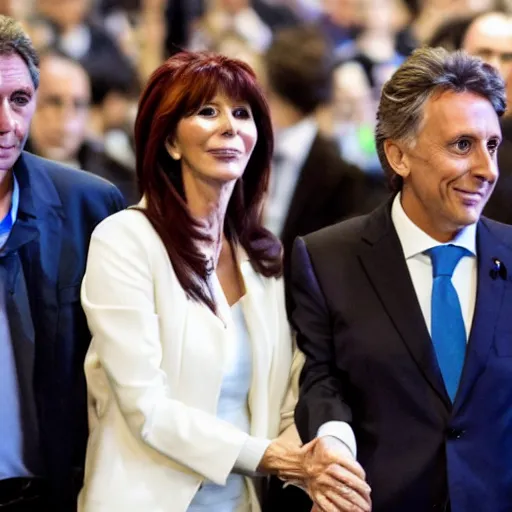 Image similar to Cristina Kirchner holding hands with Mauricio Macri, bokeh, 100mm