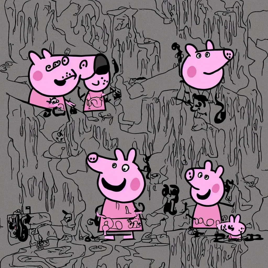 Image similar to Peppa the pig in a black metal band