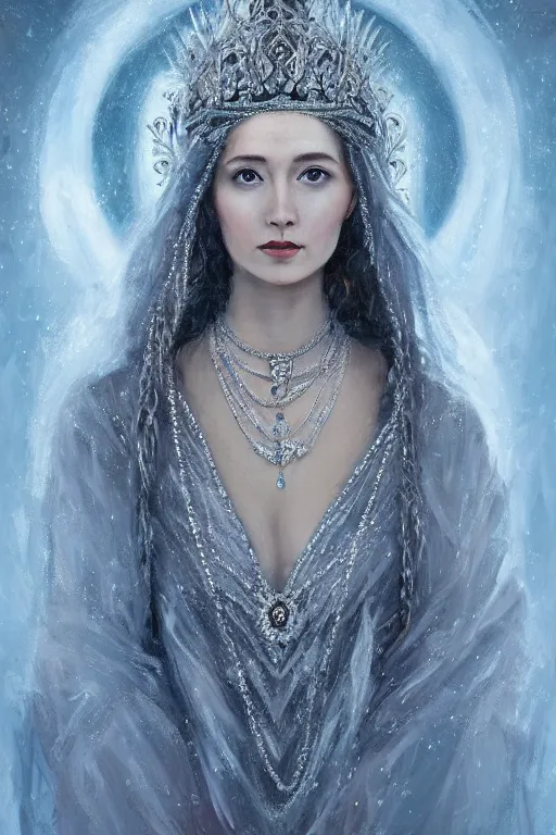 Prompt: full - body - portrait of one beautiful stunning peaceful majestic ice queen wearing intricate jewelry, oil on canvas, baroque style, perfect symmetrical face, mood lighting, ornate and elegant, winter, philosophical, painterly, 🌚, digital art, detailed, trending on artstation