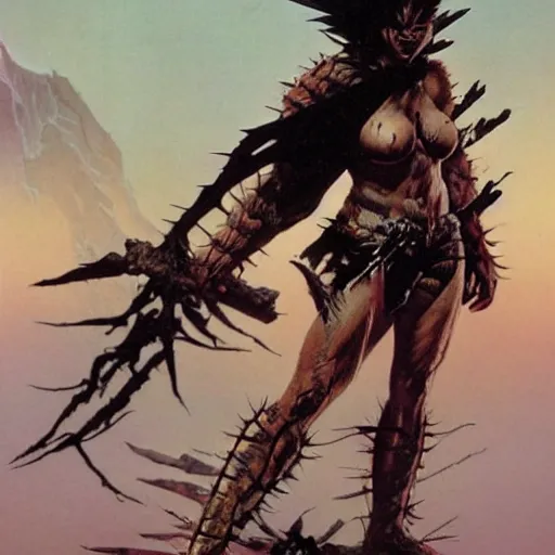 Image similar to Savage battlescarred Saiyan warrior girl, cavewoman, wild spiky black electrified hair, pelt, torn clothing, savage cloak, scars of battle, bloody, electrical aura, scimitar, primeval fantasy, prehistoric fantasy, orcs, goblins attacking, 1980s pulp fantasy, art by Frank Frazetta and Boris Vallejo