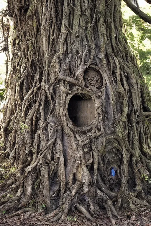 Prompt: a portal to the underworld embedded in a big gnarly tree