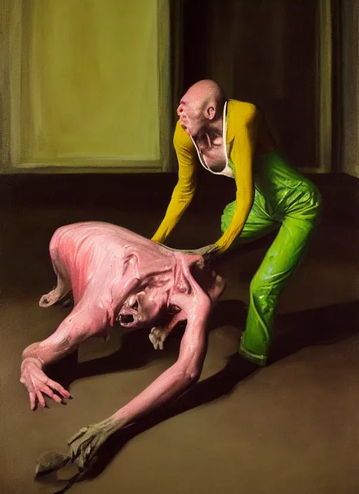 Image similar to an expressive skinny artist wearing overalls physically fighting with a ghost, inside a grand studio, depth of field, hauntingly surreal, highly detailed oil painting, by francis bacon, edward hopper, adrian ghenie, glenn brown, soft light 4 k, green and pink colour palette, cinematic composition, cinematic lighting, high quality octane render, masterpiece