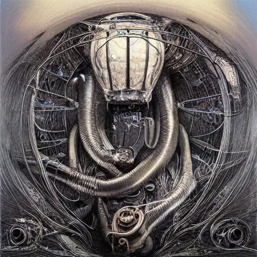 Prompt: a ghost inside metallic anatomical spaguettis magnesium with integrated internal combustion engine pistons and exposed wires album cover by roger dean and beksinski 4k H- 1024 n-4