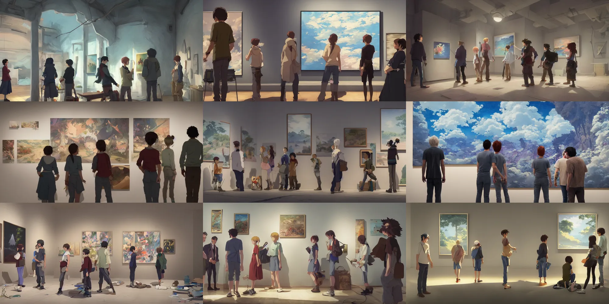 Prompt: a wholesome animation key shot of four artists gathered to look at one painting on the gallery wall, medium shot, waist up, studio ghibli, pixar and disney animation, sharp, rendered in unreal engine 5, anime key art by greg rutkowski, bloom, dramatic lighting