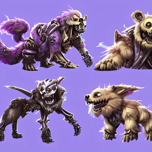 Image similar to cute fluffy animal skeleton creatures. blizzard warcraft animal creatures, graveyard background, bright art masterpiece artstation. 8k, sharp high quality artwork in style of Jose Daniel Cabrera Pena and Leonid Kozienko, violet theme, concept art by Tooth Wu, hearthstone card game artwork